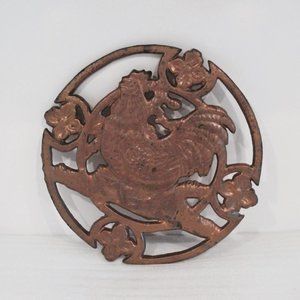 Vintage Cast Iron Rooster with Flower Accents Trivet/Pot Holder